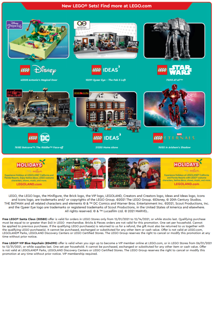 LEGO Store calendar december 2021 US back