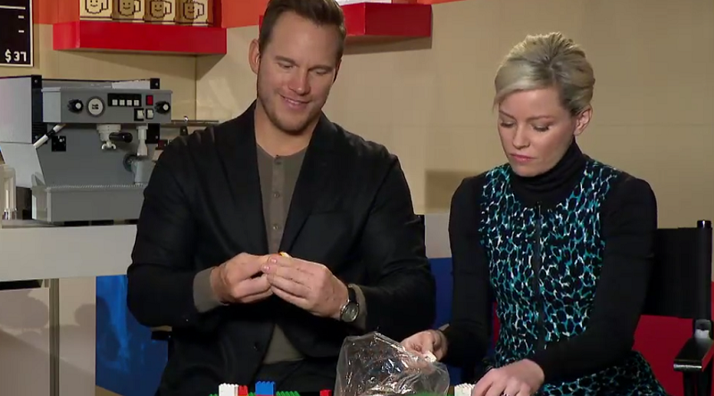 Chris Pratt and Elizabeth Banks build LEGO animals while chatting about The LEGO Movie 2